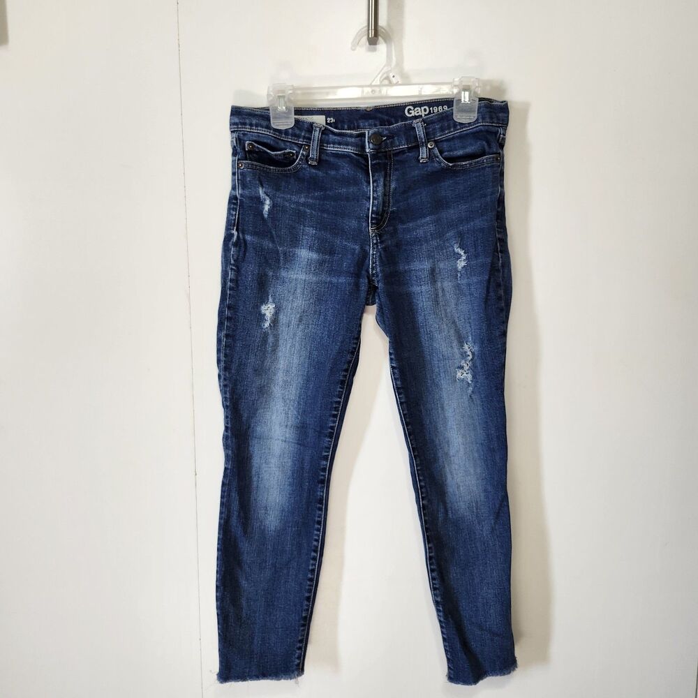 Gap 1969 True Skinny Jeans 29 Distressed Raw Hem Stretch Denim Ankle Y2K Style